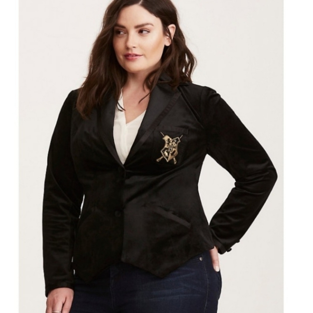 Torrid Black Blazer with Textured Fabric and Embroidered Crest